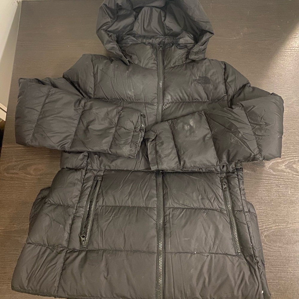 Womens North Face black, down winter jacket, size medium.